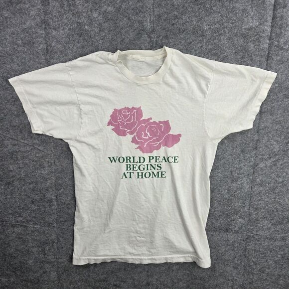 Vintage World Peace Begins at Home Shirt Mens Small White Graphic Roses Distress
